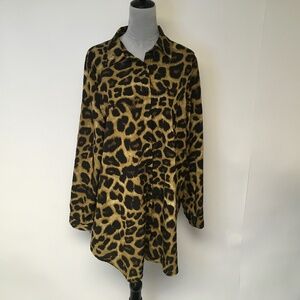 Saron women blouse tunic SZ XL brown & black animal print button down